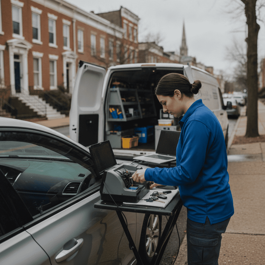 What a locksmith mobile car key replacement call looks like in Baltimore